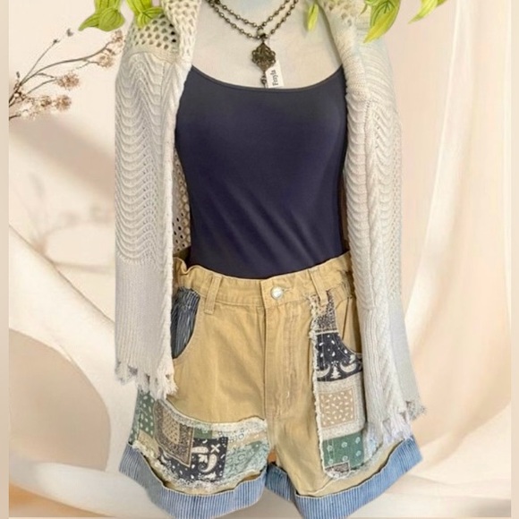 POL Mustard Patchwork Boho Cuff Hem Baggy Shorts - Picture 4 of 6